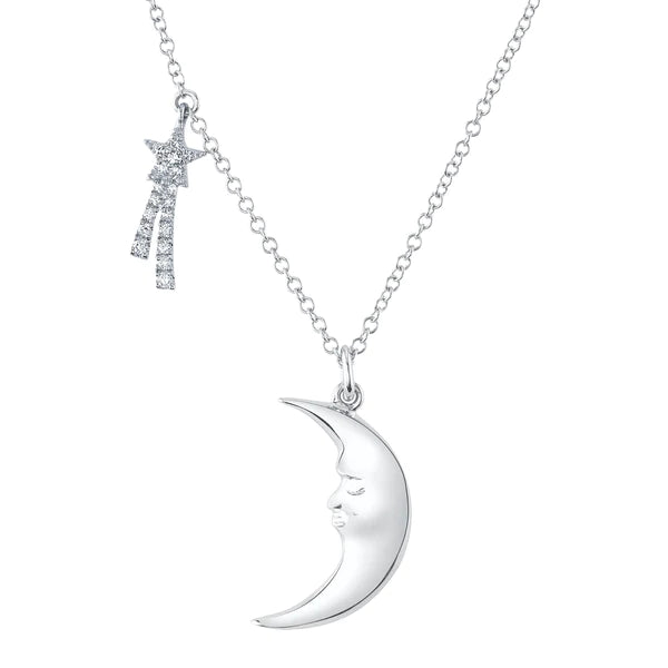 14K Gold Diamond Shooting Star & Crescent Moon Necklace