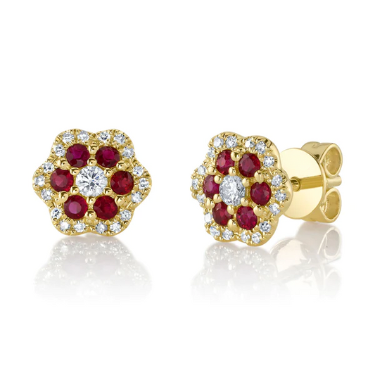 14K Gold Diamond Ruby Flower Earrings