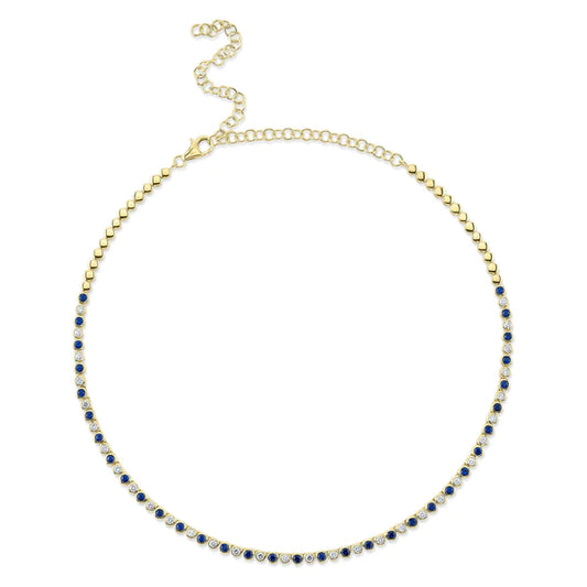 14K Gold Diamond Blue Sapphire Bezel Tennis Necklace