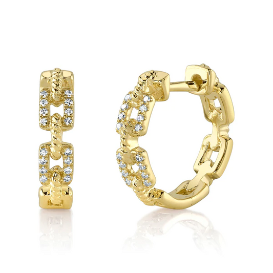 14K Gold Diamond Link Huggie Earrings