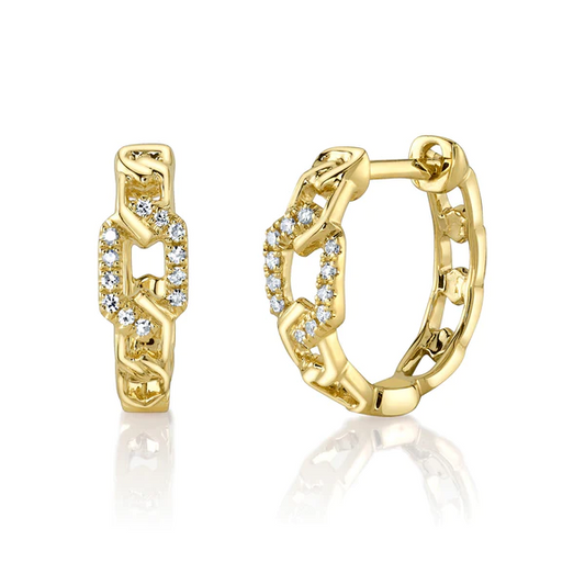 14K Gold Diamond Link Huggie Earrings