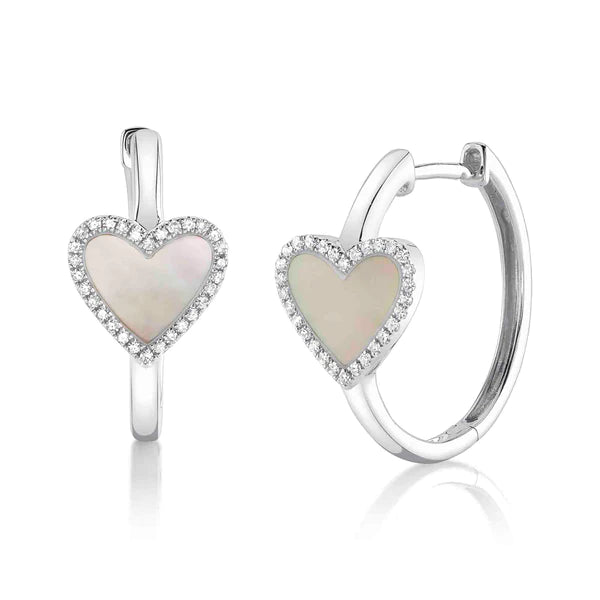 14K Gold Diamond Mother of Pearl Heart Hoop Earrings