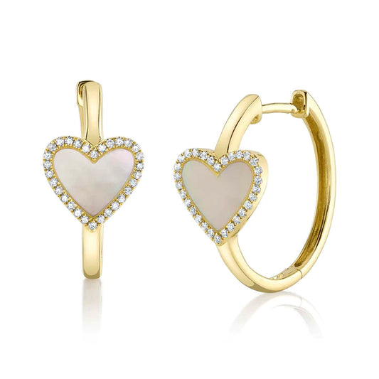 14K Gold Diamond Mother of Pearl Heart Hoop Earrings