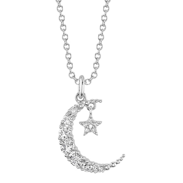 14K Gold Diamond Crescent Moon & Star Necklace