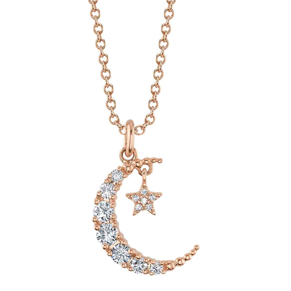 14K Gold Diamond Crescent Moon & Star Necklace