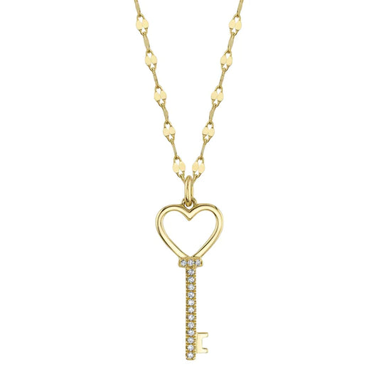 14K Gold Diamond Heart Key Necklace