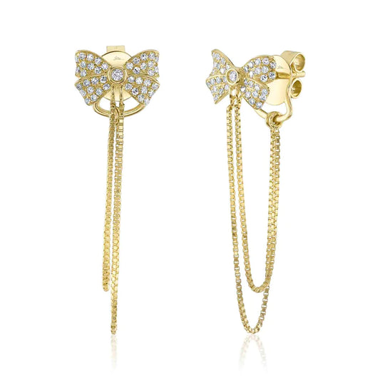 14K Gold Diamond Bow Chain Stud Earrings