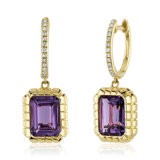 14K Gold Amethyst Diamond Bezel Earrings