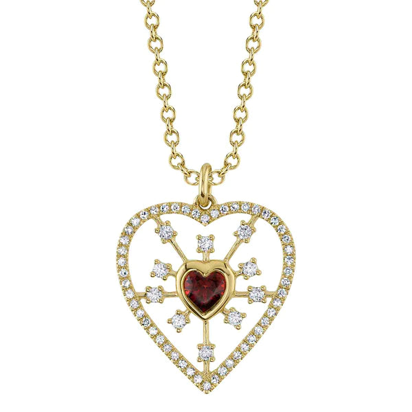 14K Gold Red Garnet Diamond Heart Necklace