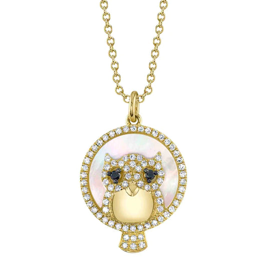 14K Gold Black & White Diamond Mother Of Pearl Owl Necklace