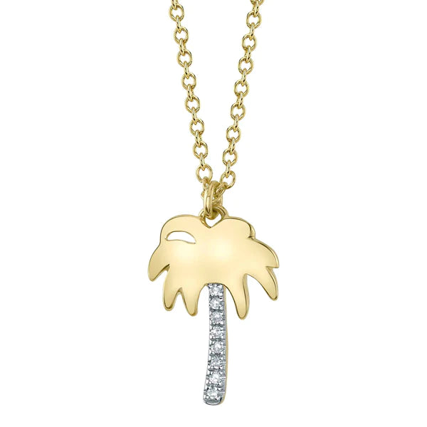 14K Gold Diamond Palm Tree Pendant Necklace