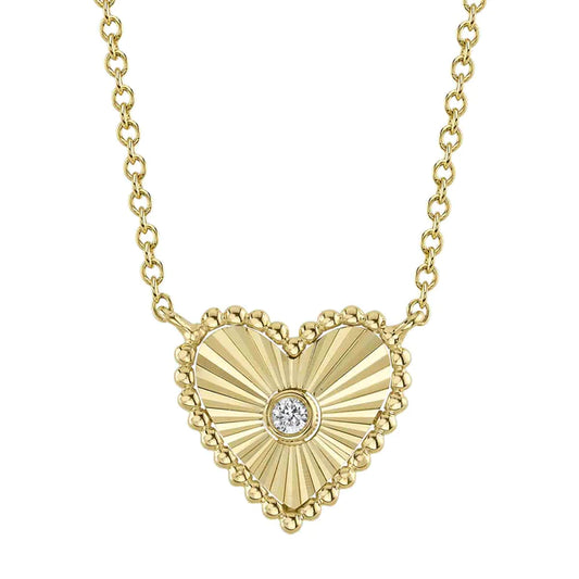 14K Gold Diamond Heart Necklace Fluted Pendant Necklace