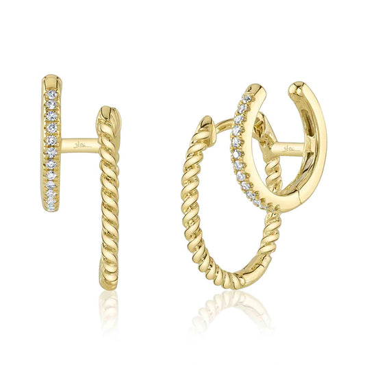 14K Gold Diamond Double 2 Huggie Earrings