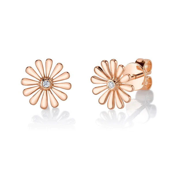 14K Gold 0.02 CT Diamond Flower Stud Earrings