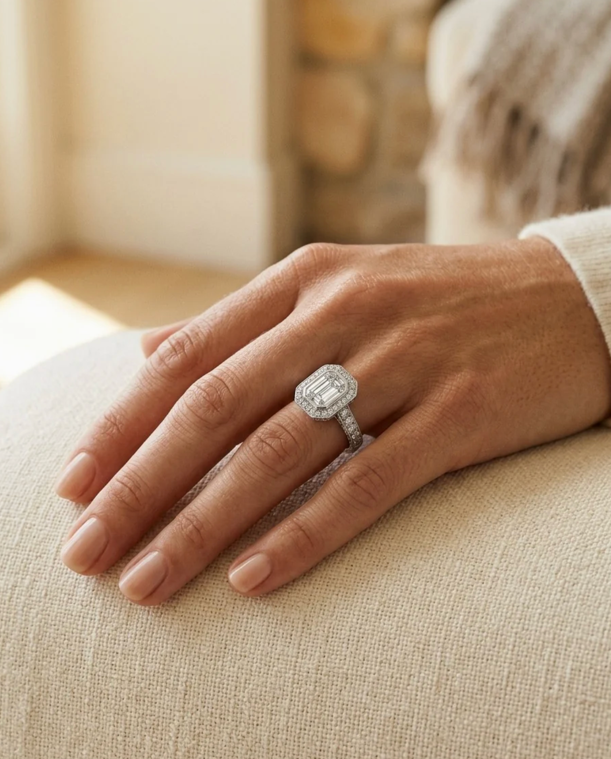 Emerald Cut Diamond Invisible Set Ring 18K White Gold Engagement Octagon 1.58CTW