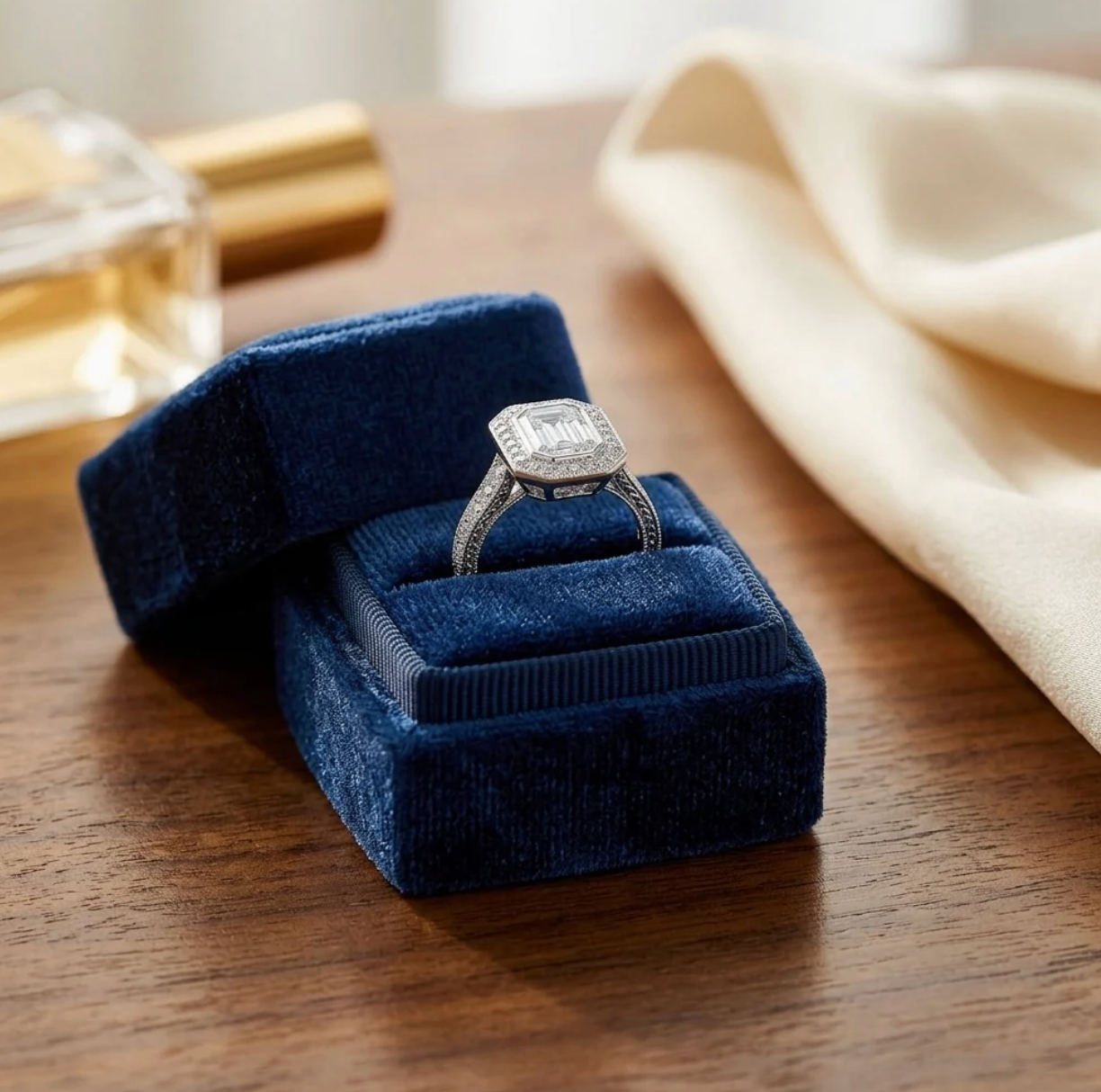 Emerald Cut Diamond Invisible Set Ring 18K White Gold Engagement Octagon 1.58CTW