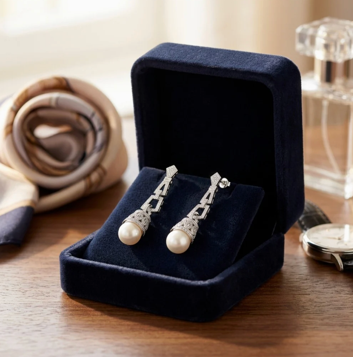 Art Deco Diamond Pearl Earrings 18K White Gold Natural 1.85CT IGI Certified