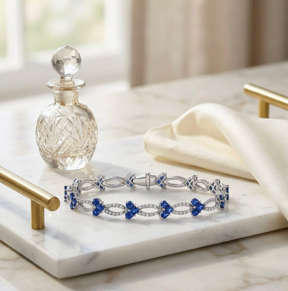 Blue Sapphire Diamond Heart Bracelet 14K White Gold Natural 7.70 TCW Certified
