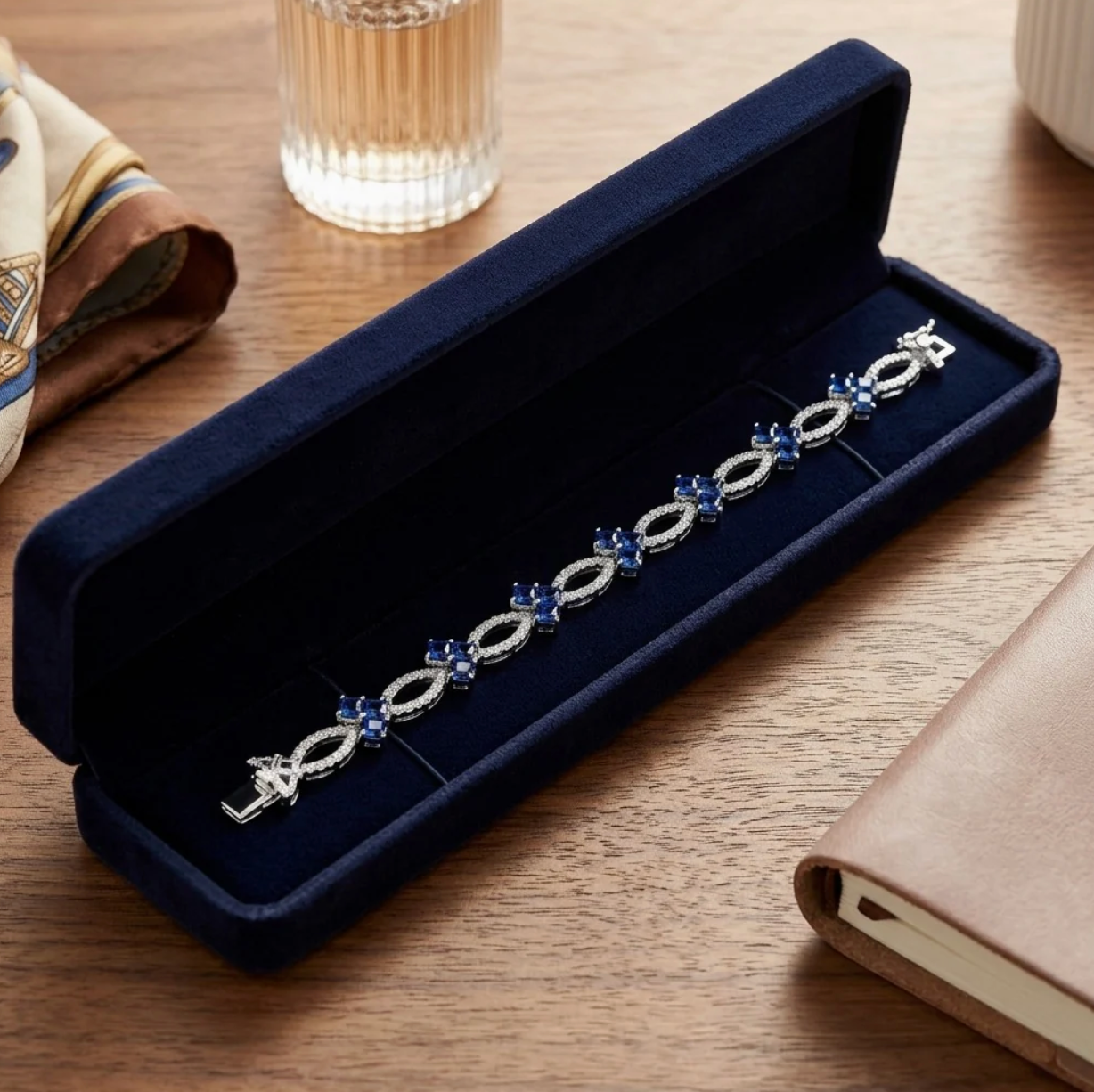 Blue Sapphire Diamond Heart Bracelet 14K White Gold Natural 7.70 TCW Certified