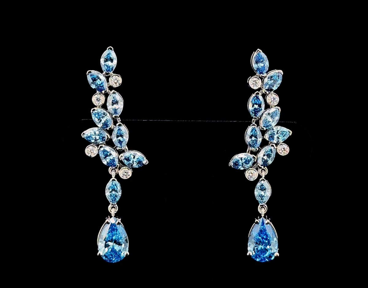 Lab Created Fancy Blue White Diamond Earrings 14K Yellow Gold