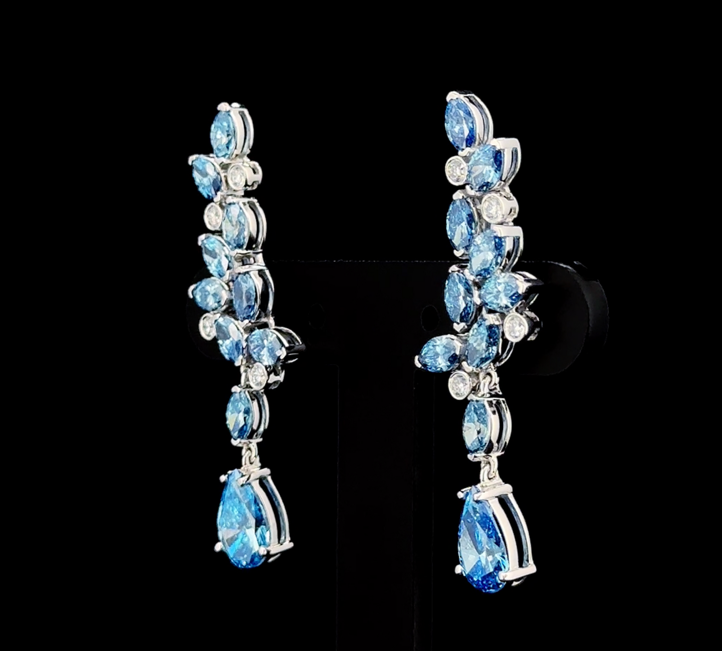 Lab Created Fancy Blue White Diamond Earrings 14K Yellow Gold