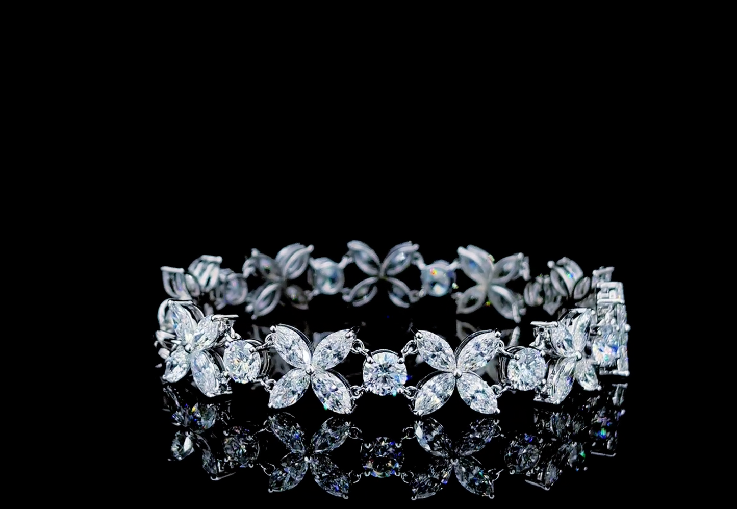 Lab Created Diamond Floral Bracelet 14K White Gold, Marquise Round Cut 17.26 CTW