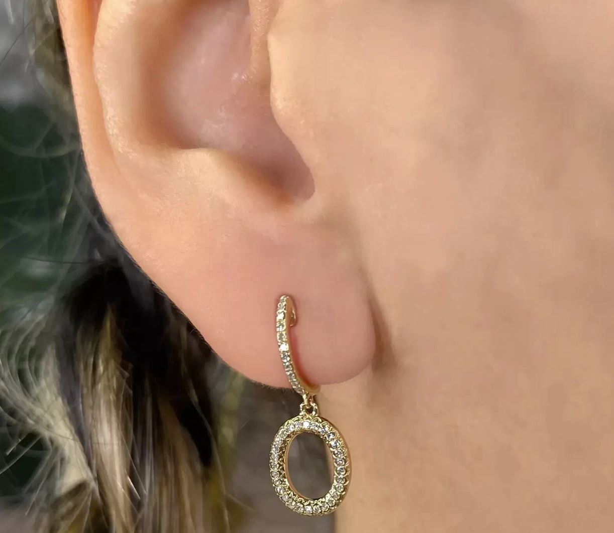 Diamond Drop Dangle Oval Earrings 14K Yellow Gold Halo 0.20CT Round Cut Natural