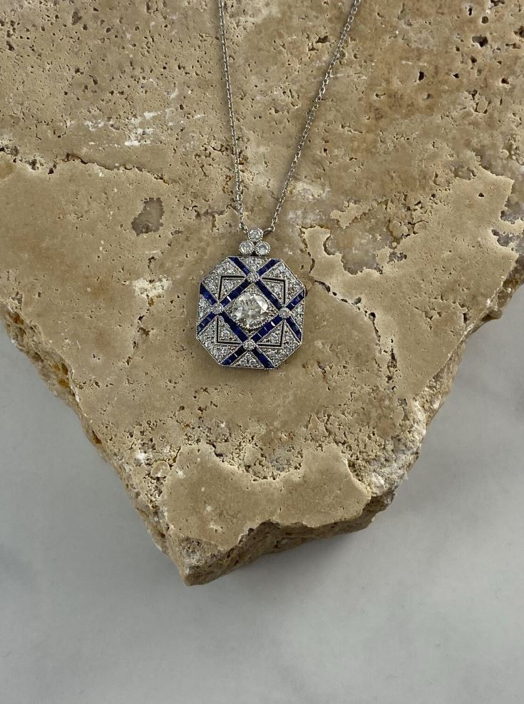 Art Deco Diamond Blue Sapphire Platinum Necklace Certified Natural 1.68CTW