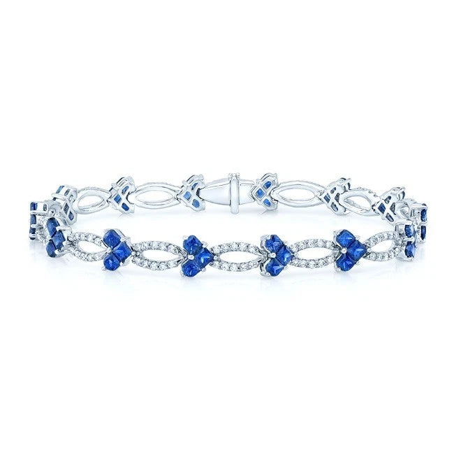 Blue Sapphire Diamond Heart Bracelet 14K White Gold Natural 7.70 TCW Certified