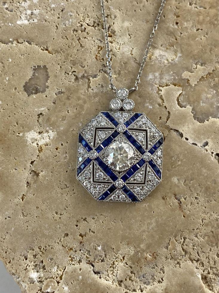 Art Deco Diamond Blue Sapphire Platinum Necklace Certified Natural 1.68CTW