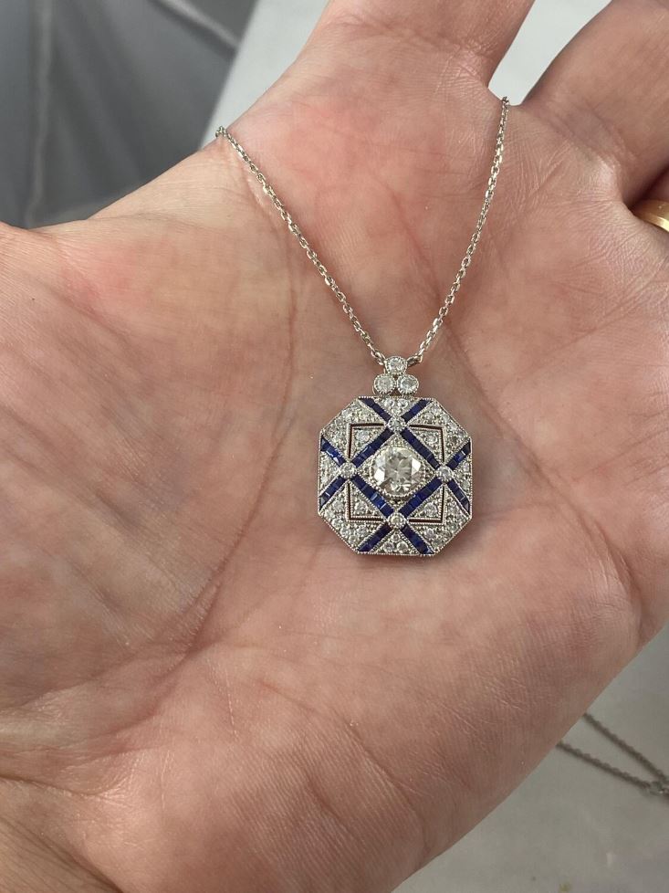 Art Deco Diamond Blue Sapphire Platinum Necklace Certified Natural 1.68CTW