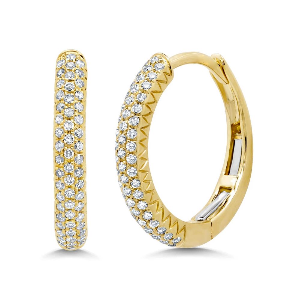 14K Yellow Gold Diamond Hoop Earrings Pave Set 0.60" Diameter Natural