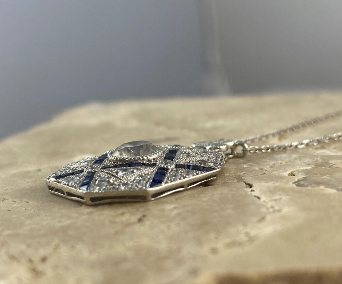 Art Deco Diamond Blue Sapphire Platinum Necklace Certified Natural 1.68CTW