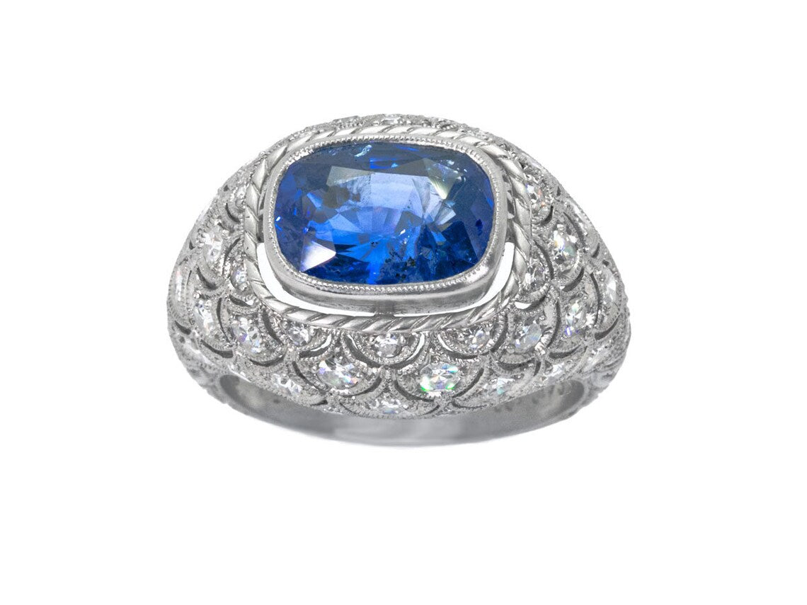 Cushion Blue Sapphire Diamond Platinum Art Deco Ring 5.30 GIA Certified