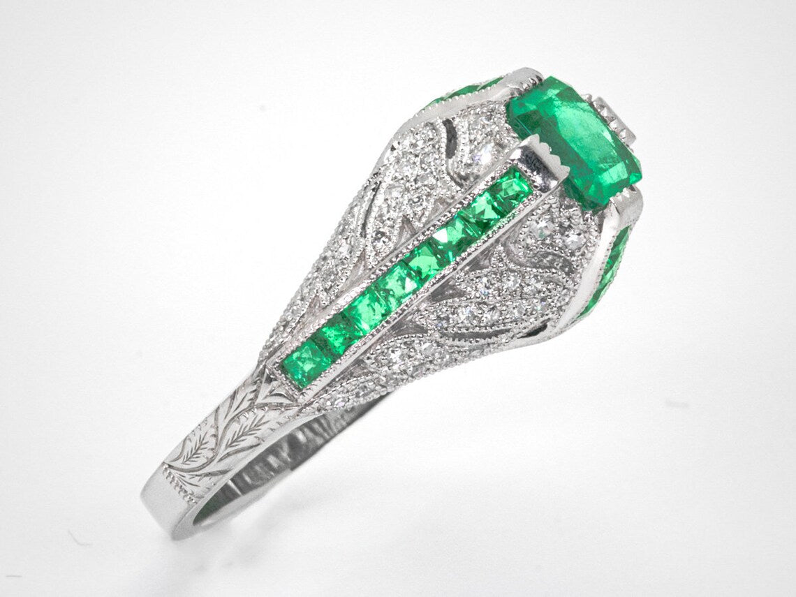 1.08 TCW Emerald And Diamond Platinum Art Deco Engagement Ring