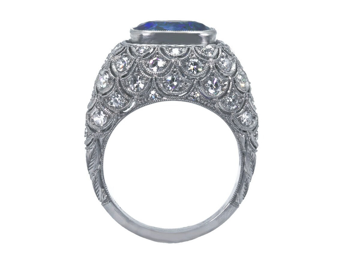 Cushion Blue Sapphire Diamond Platinum Art Deco Ring 5.30 GIA Certified
