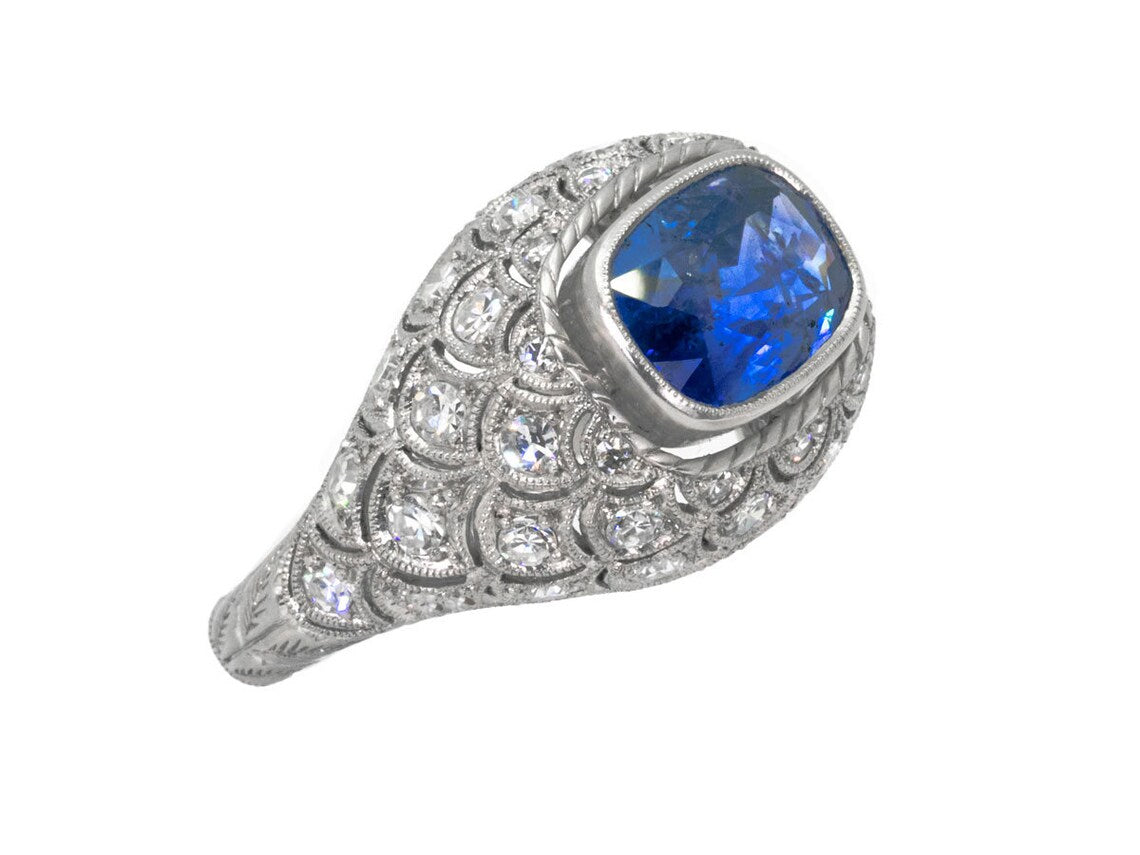 Cushion Blue Sapphire Diamond Platinum Art Deco Ring 5.30 GIA Certified