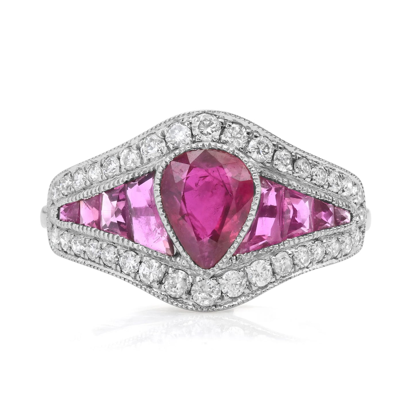 Art Deco Pear Ruby Diamond Platinum Ring 1.28 CTW Certified Natural Handmade