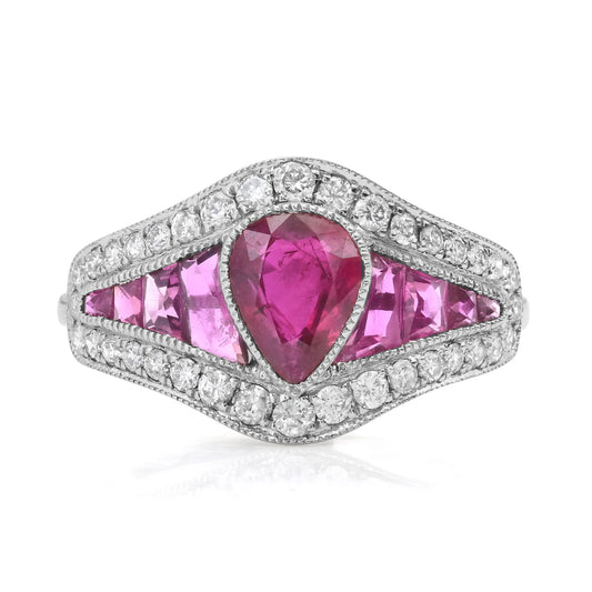 Art Deco Pear Ruby Diamond Platinum Ring 1.28 CTW Certified Natural Handmade