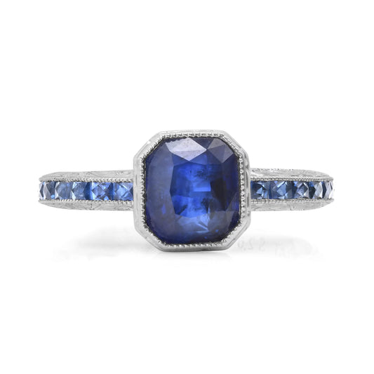 Art Deco Cushion Blue Sapphire Platinum Ring 3.45 CTW Certified Natural Handmade