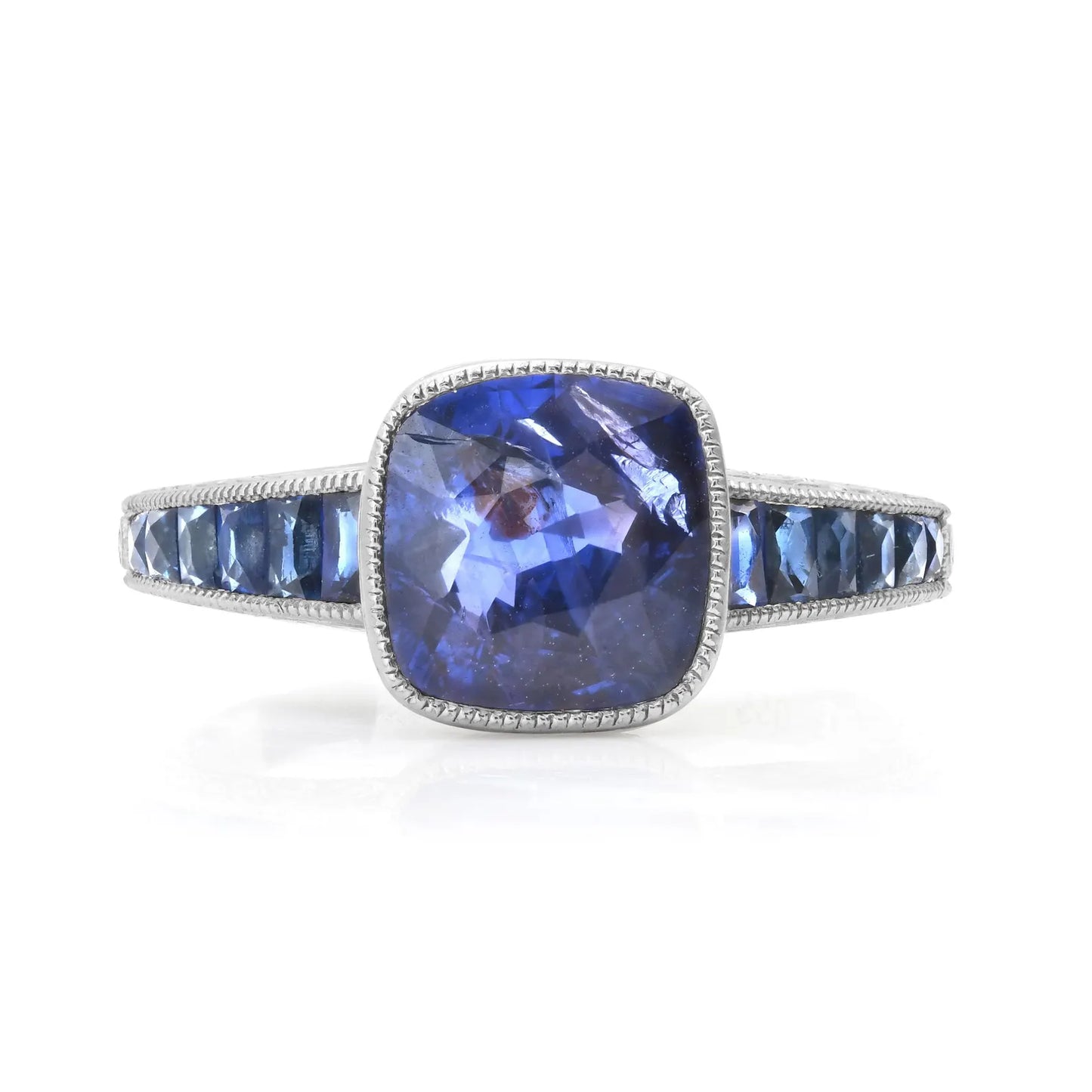 Art Deco Cushion Blue Sapphire Platinum Ring 3.45 CTW Certified Natural Handmade
