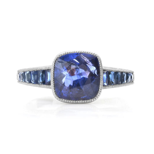 Art Deco Cushion Blue Sapphire Platinum Ring 3.45 CTW Certified Natural Handmade