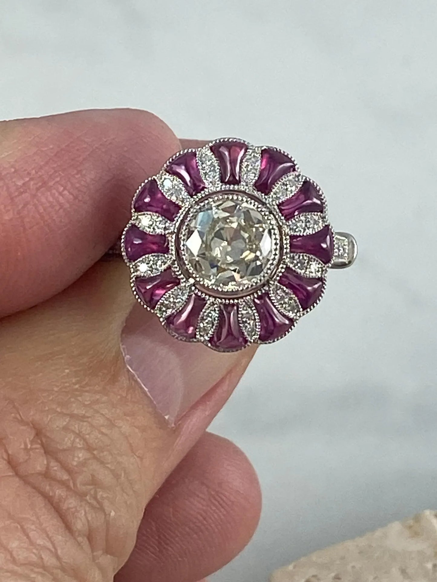 Old Mine Cut Diamond Ruby Platinum Ring Art Deco Handmade Certified Natural 1.89 CTW