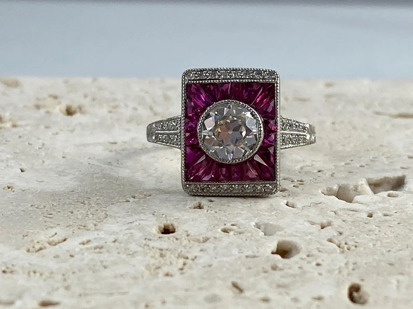 Old Mine Cut European Diamond Ruby Platinum Ring Art Deco Handmade Certified Natural 1.67 CTW