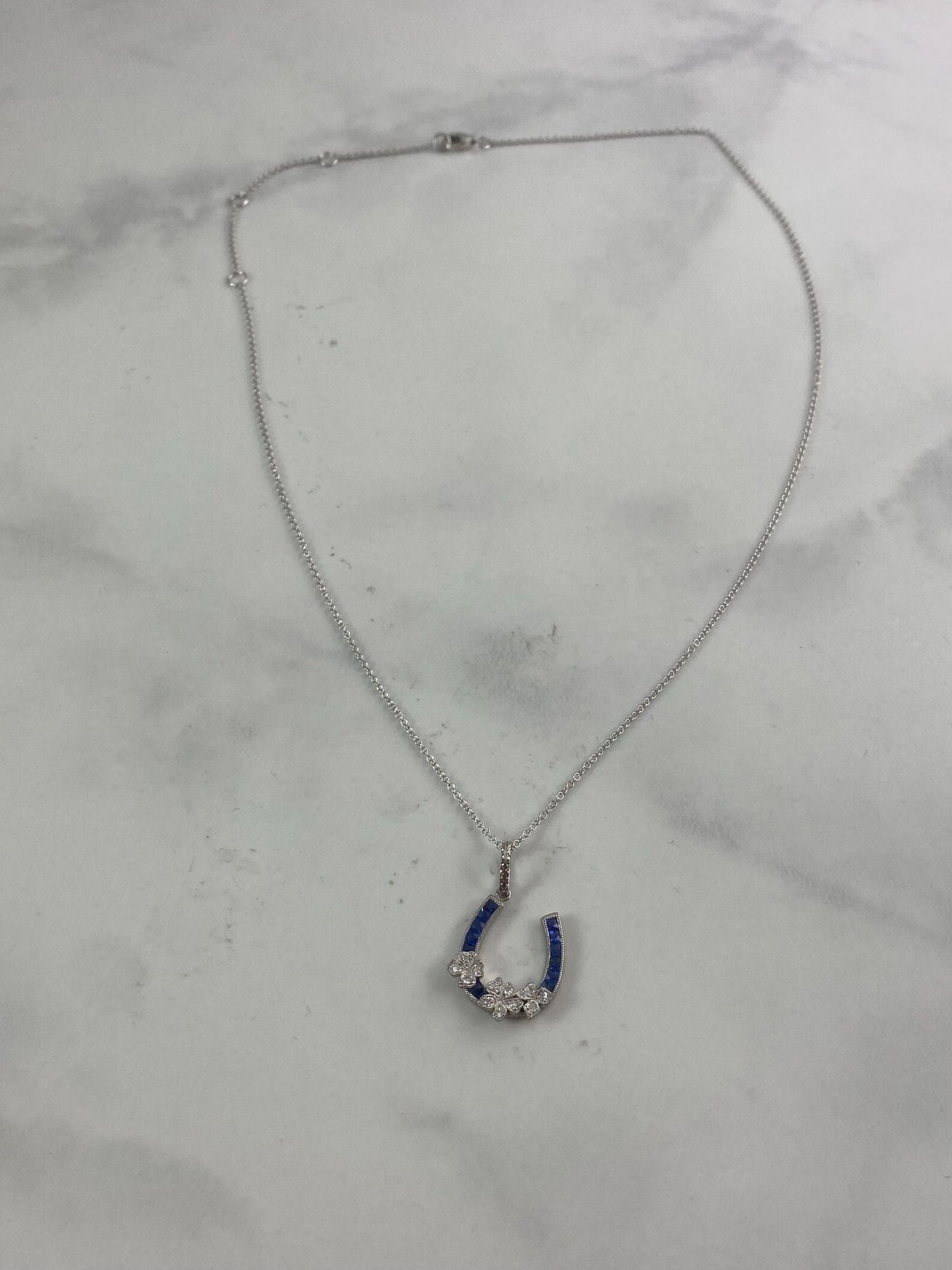 Diamond Sapphire Horseshoe Platinum Necklace 0.71 CTW Handmade Natural Certified Art Deco Inspired