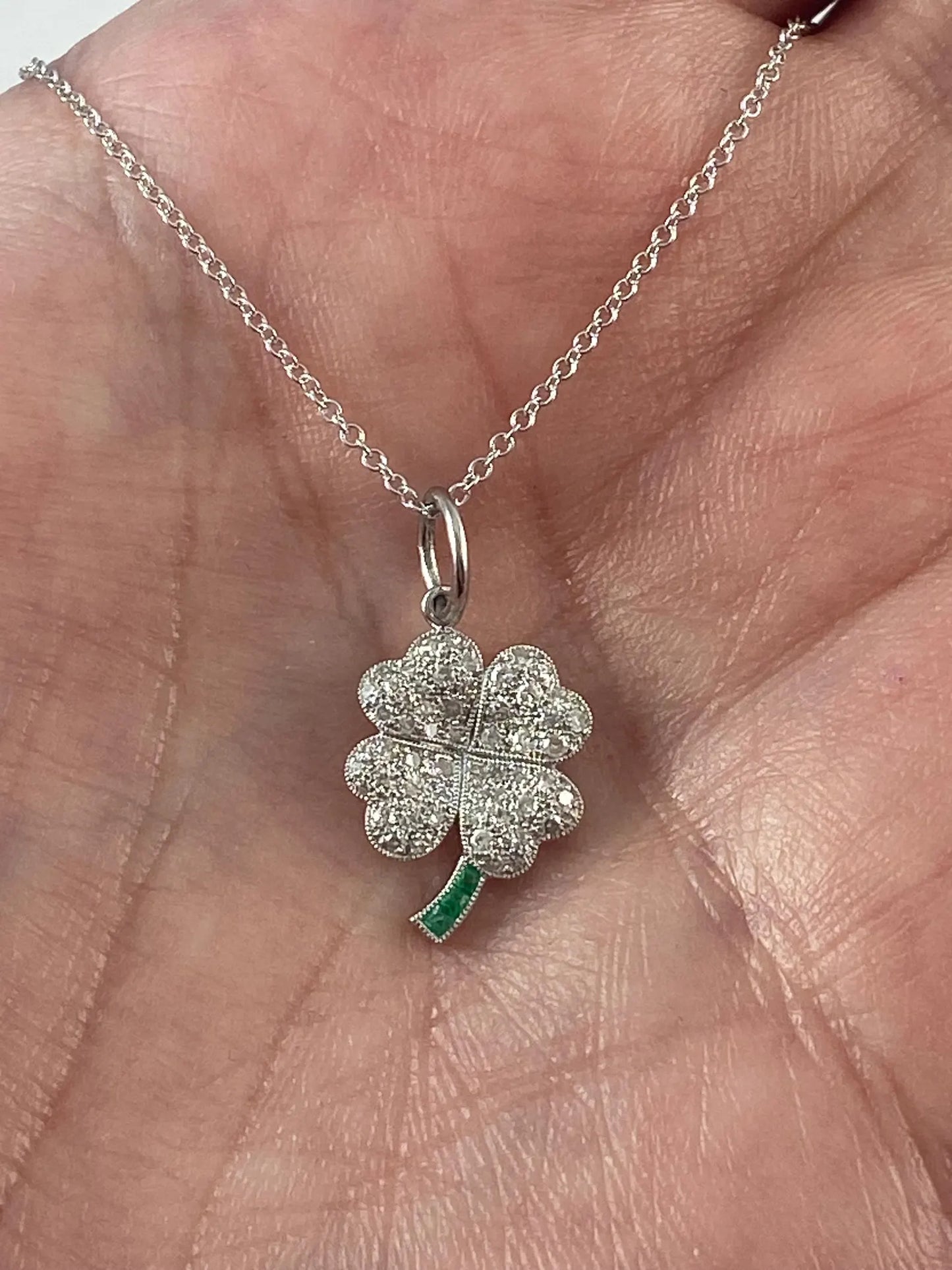 Diamond Clover Necklace In Platinum With Emeralds Certified Natural 0.50 CTW