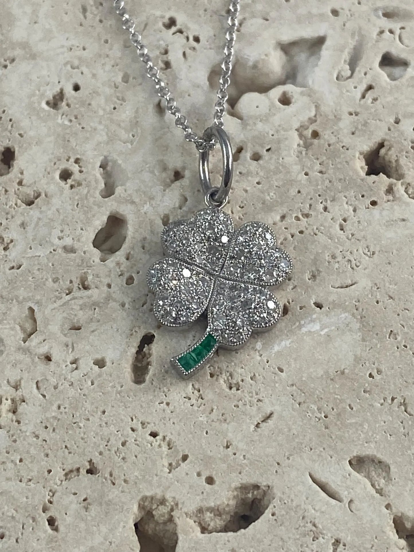 Diamond Clover Necklace In Platinum With Emeralds Certified Natural 0.50 CTW