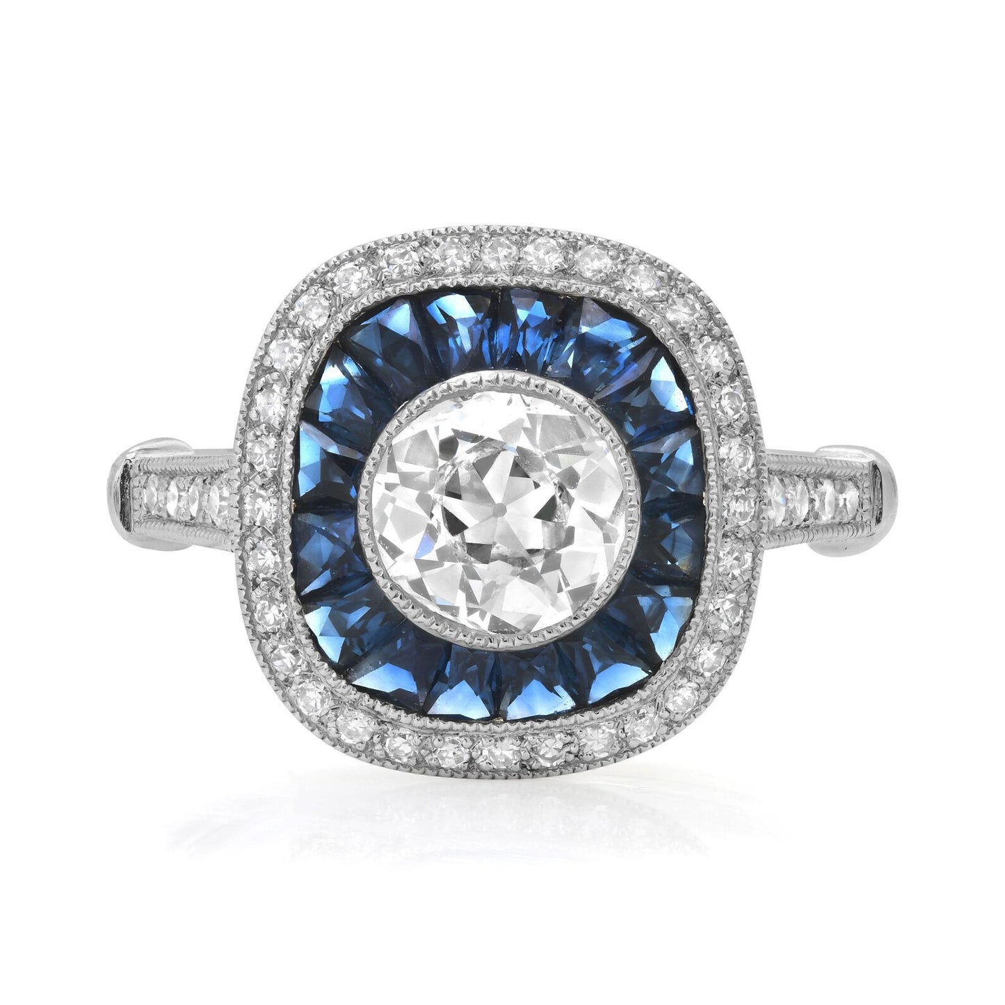 Art Deco Diamond Blue Sapphire Platinum Ring 1.68 CTW Certified Natural Handmade