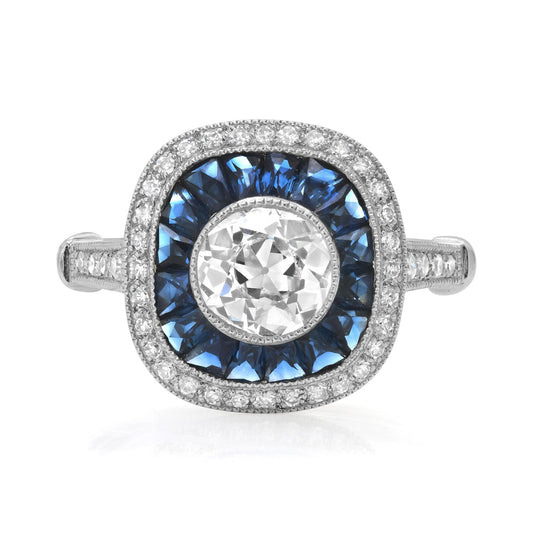 Art Deco Diamond Blue Sapphire Platinum Ring 1.68 CTW Certified Natural Handmade