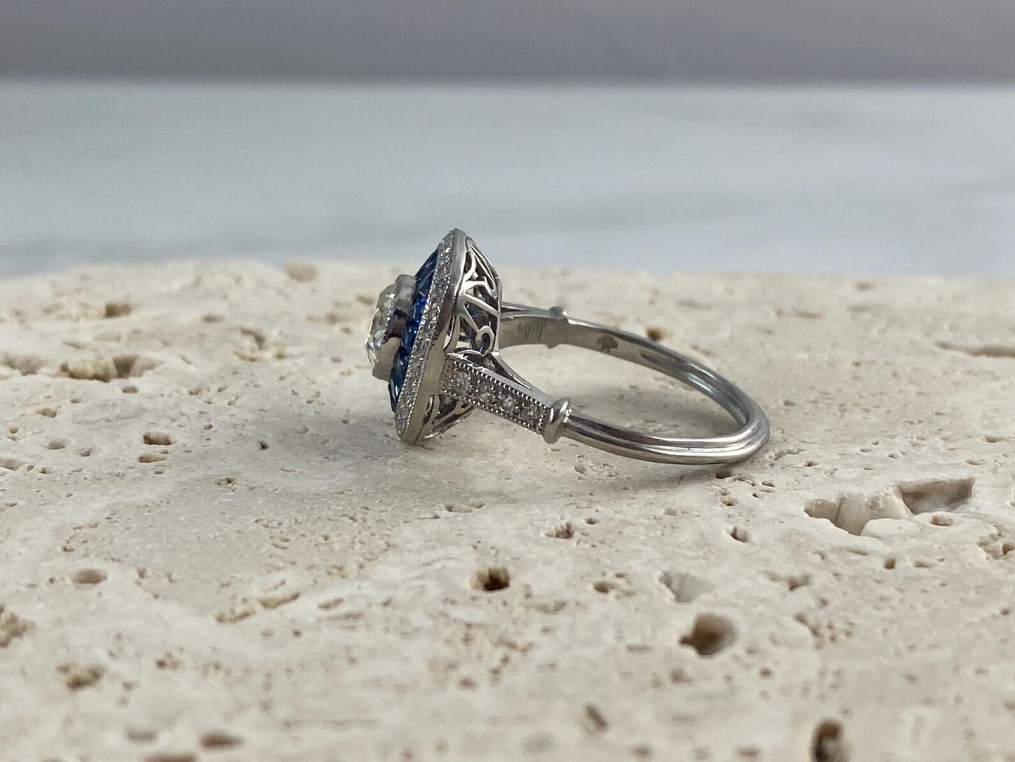 Art Deco Diamond Blue Sapphire Platinum Ring 1.68 CTW Certified Natural Handmade
